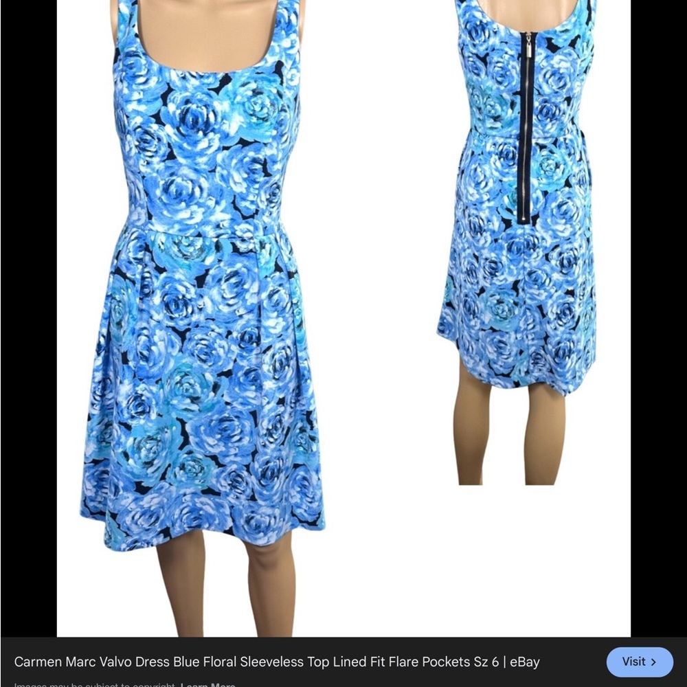 Carmen Marc Valvo Blue Floral Scoop Neck Fit-and-Flare Dress